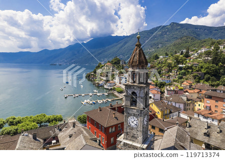 Switzerland travel and landmarks - colorful charming town Ascona, lake Lago Maggiore near Locarno , canton Ticino . aerial drone view of old town 119713374