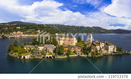 Most beautiful italian villages - unique romantic island San Giulio in Orta lake ( Lago di Orta) in Piedmont Province of Novara . aerial drone view 119713378