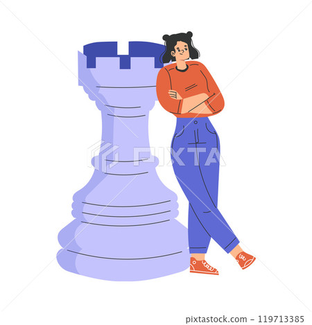 Woman Character with Big Chess Rook Piece Vector Illustration 119713385