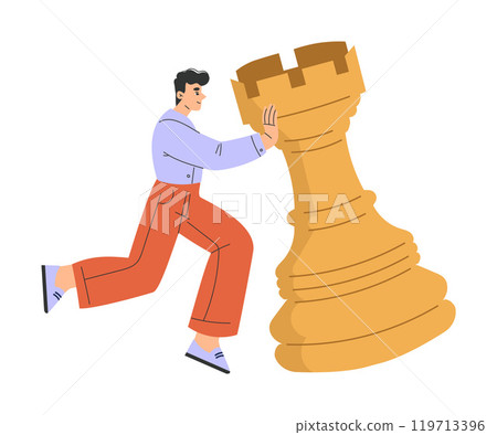 Man Character with Big Chess Rook Piece Vector Illustration 119713396