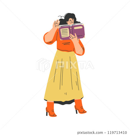Woman with Book and Interesting Literature Enjoy Hobby Vector Illustration 119713410