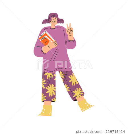 Woman with Book and Interesting Literature Showing V Sign Gesture Vector Illustration Woman with Book and Interesting Literature Showing V Sign Gesture Vector Illustration 119713414