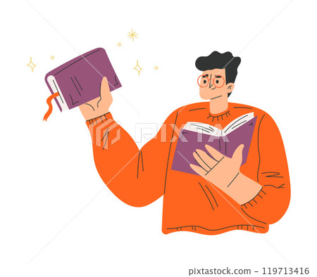 Man with Book and Interesting Literature Enjoy Hobby Vector Illustration Man with Book and Interesting Literature Enjoy Hobby Vector Illustration 119713416