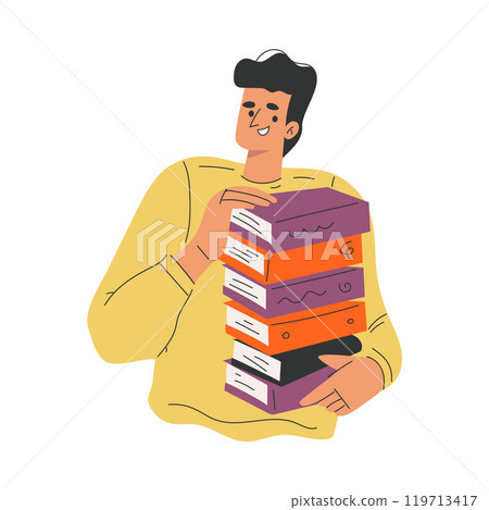 Man with Book and Interesting Literature Enjoy Hobby Vector Illustration 119713417