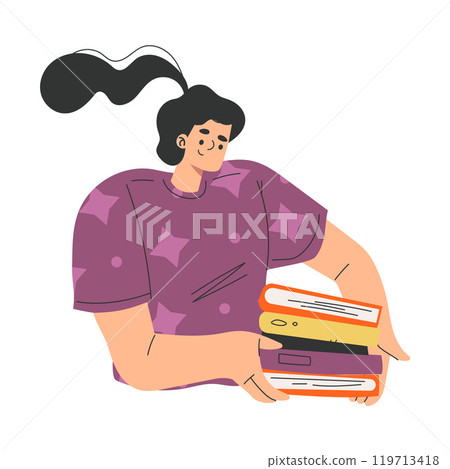 Woman Carry Book and Interesting Literature Enjoy Hobby Vector Illustration 119713418