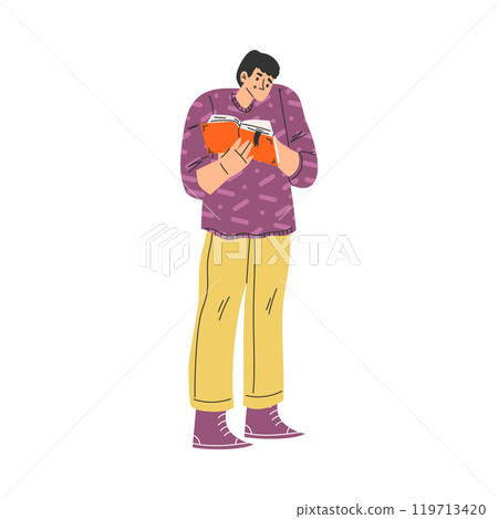 Man with Book and Interesting Literature Enjoy Hobby Vector Illustration 119713420