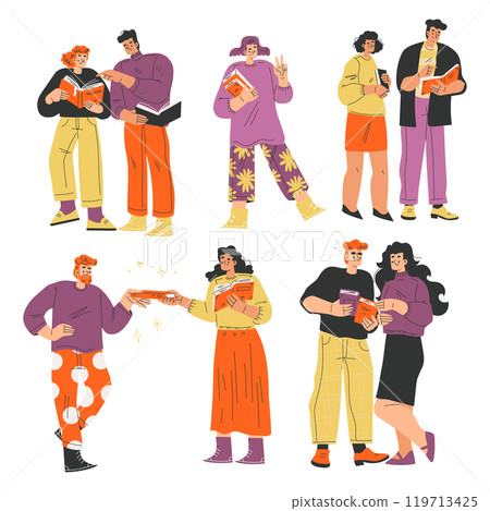 People with Books and Interesting Literature Enjoy Hobby Vector Set 119713425
