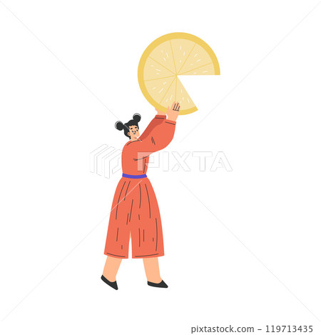 Woman Character with Big Lemon Slice Vector Illustration 119713435
