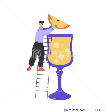 Man Character with Big Cocktail Glass on Ladder Add Apple Vector Illustration 119713438