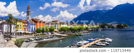 Switzerland travel and landmarks - colorful charming town Ascona, lake Lago Maggiore near Locarno , canton Ticino . panoramic view of old town 119713440