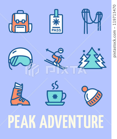 Peak Adventure Ski Resort Concept Vertical Invitation Placard Poster Banner Card Template. Vector Peak Adventure Ski Resort Concept Vertical Invitation Placard Poster Banner Card Template. Vector 119713470