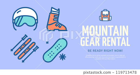 Mountain Gear Rental Ski Resort Concept Horizontal Invitation Placard Poster Banner Card Template. Vector 119713478