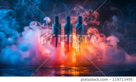 vapes. three rainbow disposable electronic cigarettes, colorful smoke, dark background, neon light 119713495