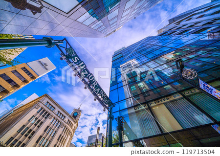 Tokyo cityscape in Japan. Ginza, Tokyo. View of Seiko House Ginza and other buildings in Ginza 4-chome from Suzuran Street (27th) 119713504