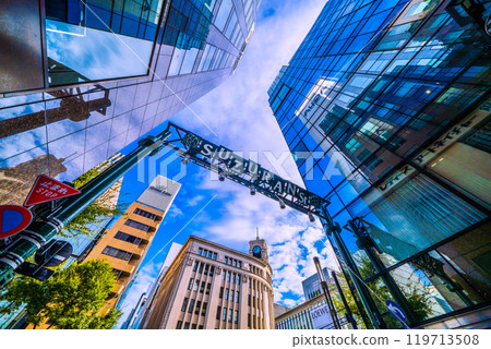 Tokyo cityscape in Japan. Ginza, Tokyo. View of Seiko House Ginza and other buildings in Ginza 4-chome from Suzuran Street (27th) Tokyo cityscape in Japan. Ginza, Tokyo. View of Seiko House Ginza and other buildings in Ginza 4-chome from Suzuran Street (27th) 119713508