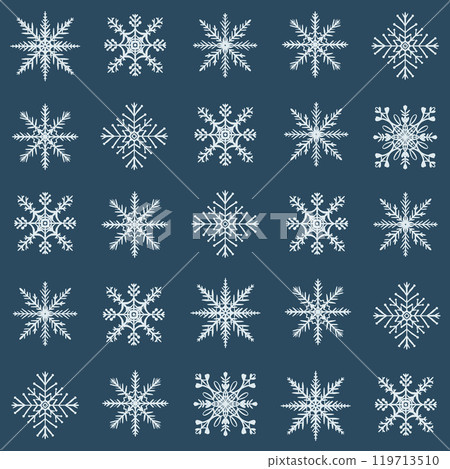 Vector Christmas pattern of snowflake. Hand-drawn vintage holiday seamless composition isolated on blue background. Illustration for design, print, fabric or background. Vector Christmas pattern of snowflake. Hand-drawn vintage holiday seamless composition isolated on blue background. Illustration for design, print, fabric or background. 119713510