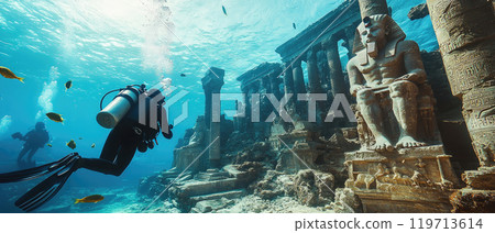 Scuba diver swims in sea near Ancient temple ruins, old building underwater, Egyptian statues under blue water on seabed. Concept of history, archeology, past civilization 119713614