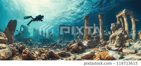 Scuba diver swims in sea at Ancient city, old temples underwater, buildings ruins under blue water on seabed. Concept of antique, archeology, past civilization 119713615