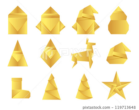 Golden Christmas and New Year decoration knickknacks made of gold foil Golden Christmas and New Year decoration knickknacks made of gold foil 119713648