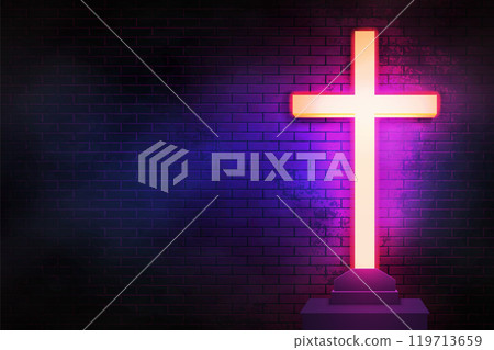 Holy sanctuary with neon glowing Christian cross. Cyberpunk background with a shrine illuminated by pulsating light energy 119713659