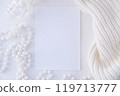 Minimalistic Blank Card with White Pearls and Knit Fabric for Elegant Winter or Christmas Designs 119713777