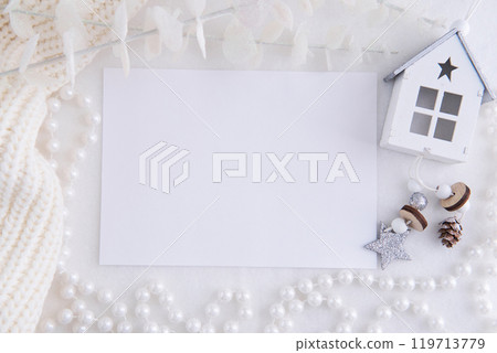 Mockup Card with Christmas Ornaments and White House Decoration for Festive Greeting or Invitation 119713779