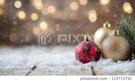 blurry christmas decor background llight red green and white colors with lights and trees and snow 119713792