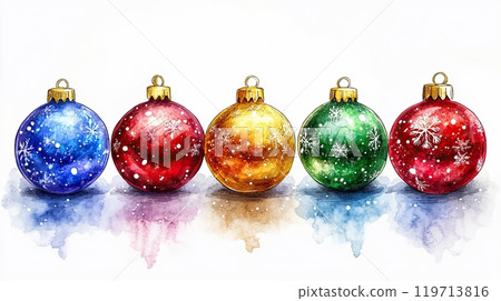 illustration decorations in a row, Christmas tree balls of different colors., on pink background 119713816
