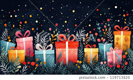 illustration shows minimalist Christmas art like wrapped gifts in boho colors, on black background 119713820