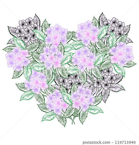Floral heart frame, hydrangea spring flower for design of card or invitations 119713940