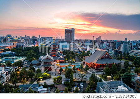 Senso-ji temple by night in Asakusa, Taito City, Tokyo, Japan 119714003