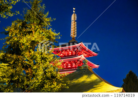 Senso-ji temple by night in Asakusa, Taito City, Tokyo, Japan 119714019