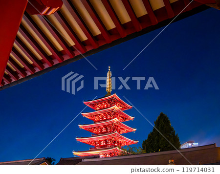 Senso-ji temple by night in Asakusa, Taito City, Tokyo, Japan 119714031