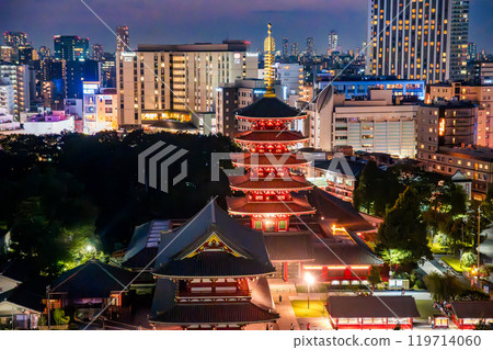 Senso-ji temple by night in Asakusa, Taito City, Tokyo, Japan 119714060