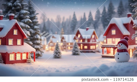 snowy scene with vibrant Christmas decorations 119714126