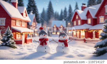 snowy scene with vibrant Christmas decorations 119714127