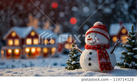 snowy scene with vibrant Christmas decorations 119714128