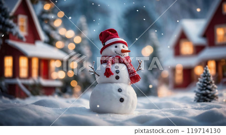 snowy scene with vibrant Christmas decorations 119714130