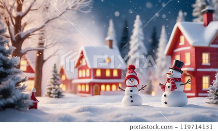 snowy scene with vibrant Christmas decorations snowy scene with vibrant Christmas decorations 119714131