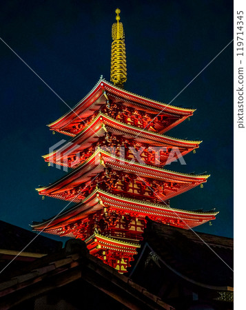 Senso-ji temple by night in Asakusa, Taito City, Tokyo, Japan 119714345