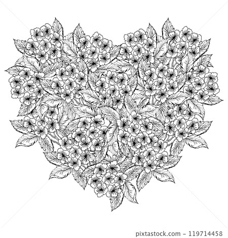 Floral heart frame, hydrangea spring flower for design of card or invitations 119714458