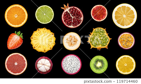 Fruits and berries slices isolated on black background, top view Fruits and berries slices isolated on black background, top view 119714460