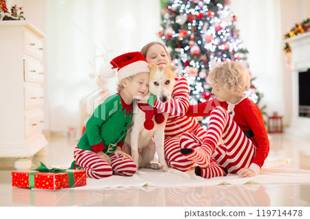 Christmas at home. Kids and dog under Xmas tree. 119714478