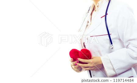 Female cardiologist with red heart. 119714484