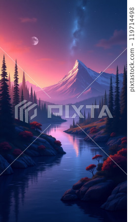Fantasy mountain landscape at sunset with a river reflecting the vibrant colors and tall pine trees Fantasy mountain landscape at sunset with a river reflecting the vibrant colors and tall pine trees 119714498