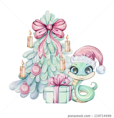 A cute holiday snake by a beautifully decorated Christmas tree and colorful gifts. Symbol wealth of Chines New Year 2025 in cute cartoon style for souvenirs, printing, packaging, fabric 119714499
