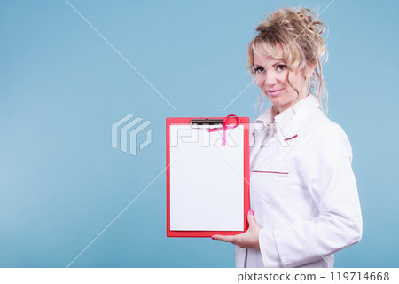 Female doctor with folder and pink ribbon 119714668