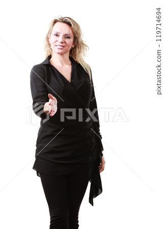 Elegant woman reaching hand. Elegant woman reaching hand. 119714694