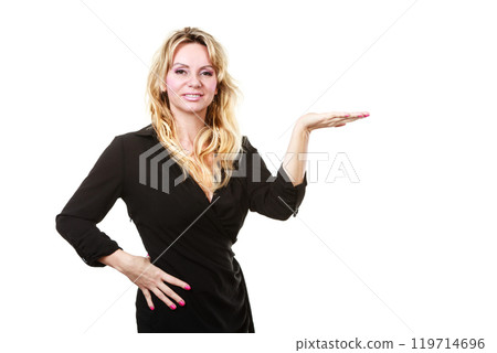 Business woman make showing gesture Business woman make showing gesture 119714696