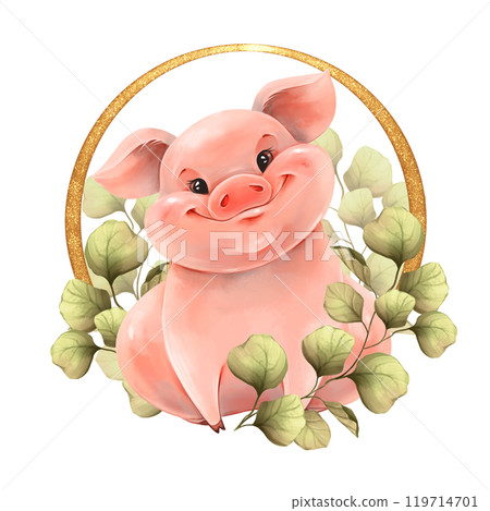 Cut pig with green leaves. Spring illustration, isolated on white. 119714701